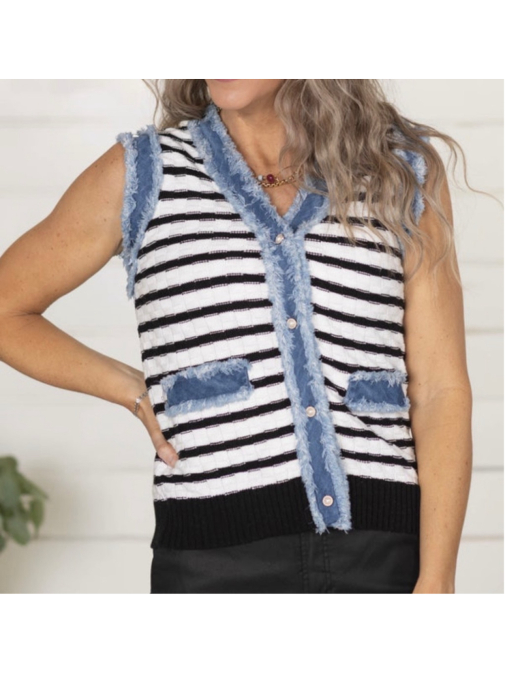 Women's LovLov Striped Knit Vest with Denim Trim, Size L White/Black